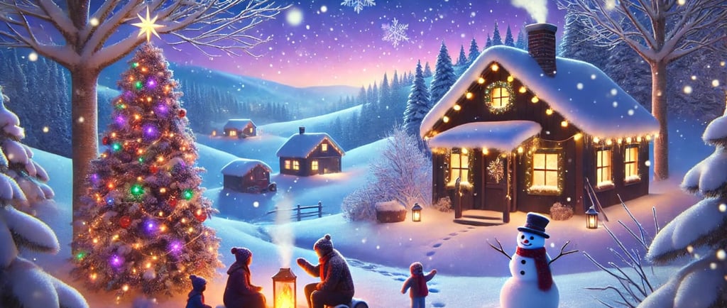 a family christmas scene with a christmas tree and a snowman