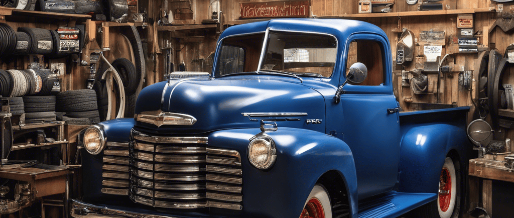 a blue truck parked in a garage with a checkered floor