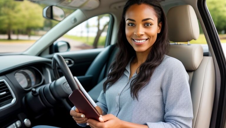 a woman in a car with a book and a book