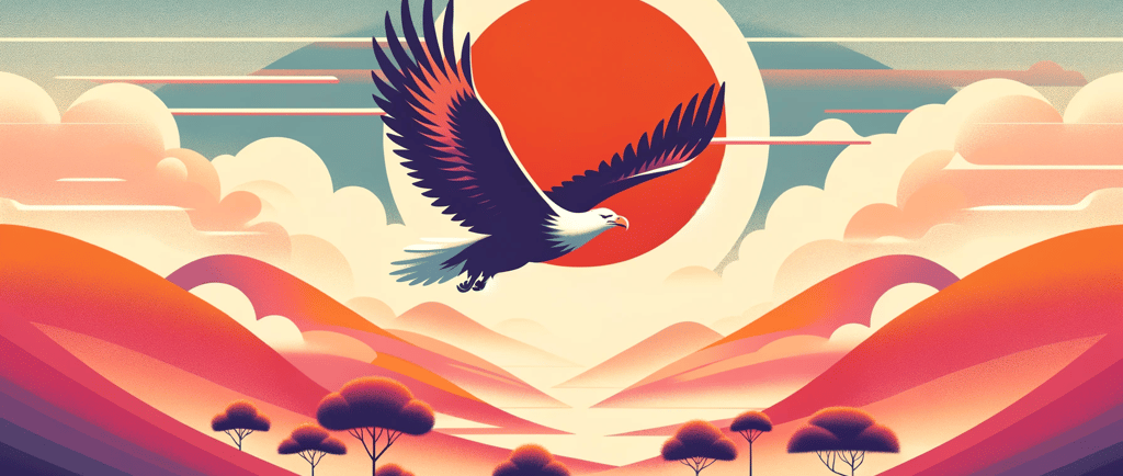 a bird flying over a mountain with a sun setting