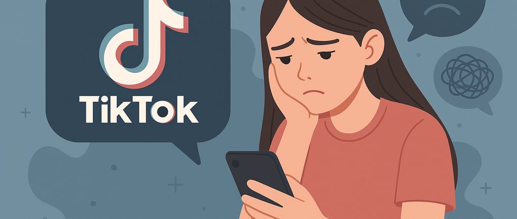 Een illustratie van een depresieve tiener die TikTok aan het kijken is