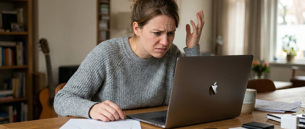 Een vrouw die gefrustreerd kijkt na de aankoop van een macbook