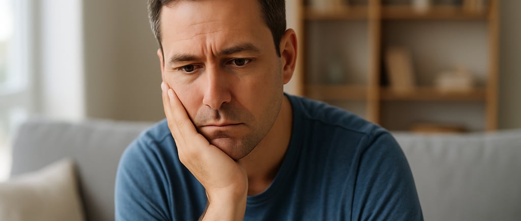 a man sitting on a couch with his hand on his chin