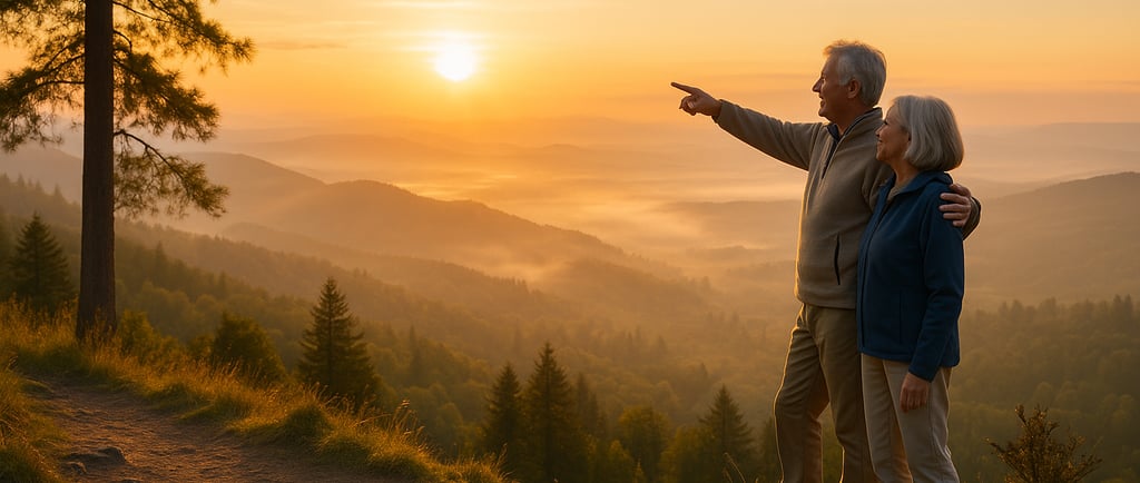 a man and woman standing on a mountain top