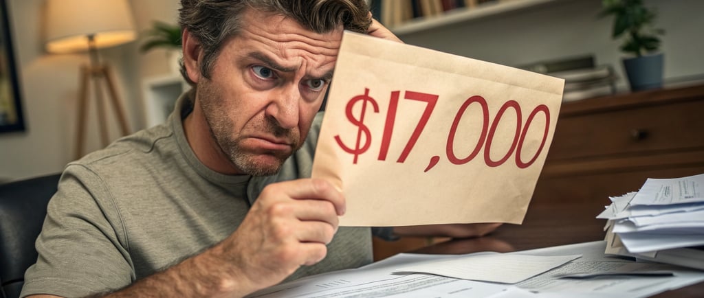 Frustrated investor holding oversized tax bill envelope, symbolizing unexpected capital gains taxes