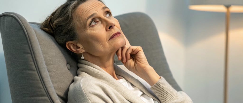 a woman sitting in a chair with her hand on her chin