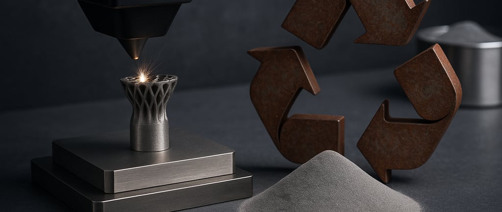 3D metal printer creating a part with metal powder and a rusted recycling symbol nearby.