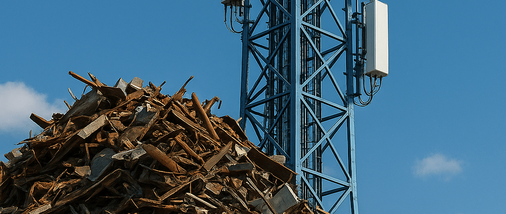A 6G telecom tower rises behind a large pile of rusted scrap metal under a clear blue sky.