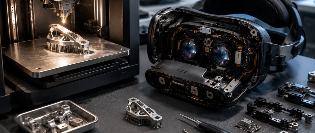 electronics repair lab with a metal 3D printer producing a small replacement bracket
