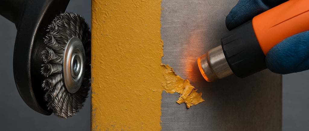 metal surface with yellow coating removed using heat gun and wire brush.