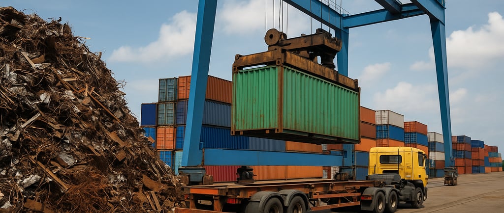 Crane lowering a shipping container onto a truck beside scrap metal and stacked containers.