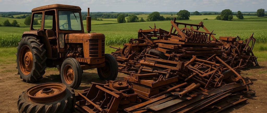 Rusty tractor beside scrap metal piles on a rural farm.