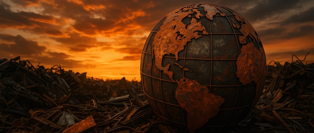 A rusted globe made of metal sits in a scrapyard at sunset, symbolizing environmental awareness thro