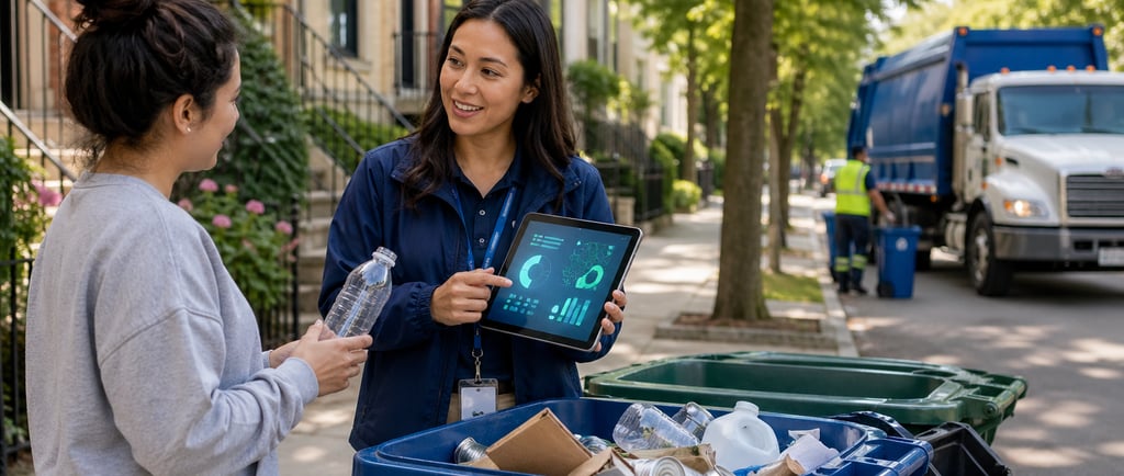 Recycling ambassador uses a tablet to guide a resident beside curbside recycling bins on a street