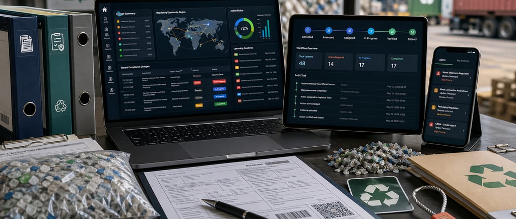 Digital compliance dashboards with audit trail workflows on screens in industrial recycling setting