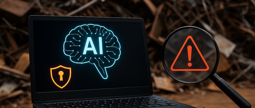 Laptop with glowing AI brain icon and warning symbol, set against a background of scrap metal.