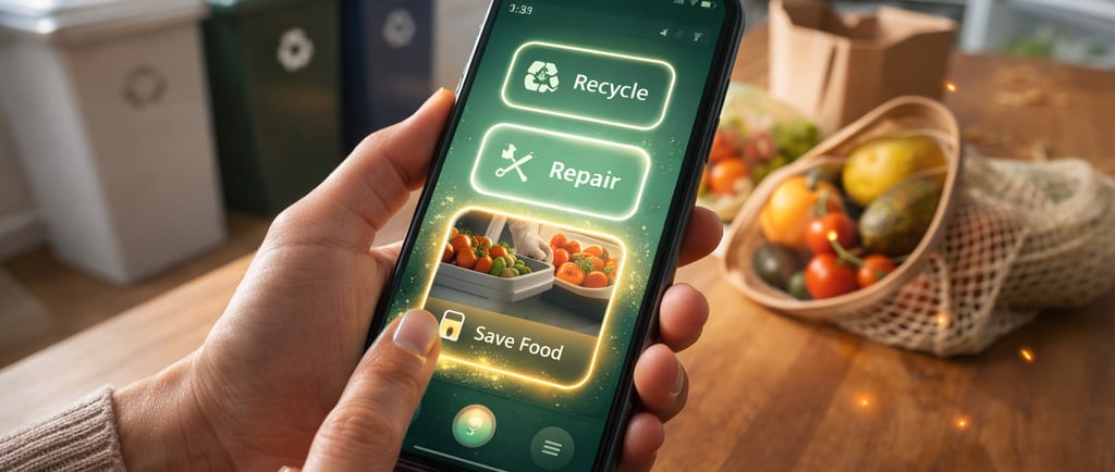 Phone-based sustainability guidance helping a person make a lower-waste choice at home