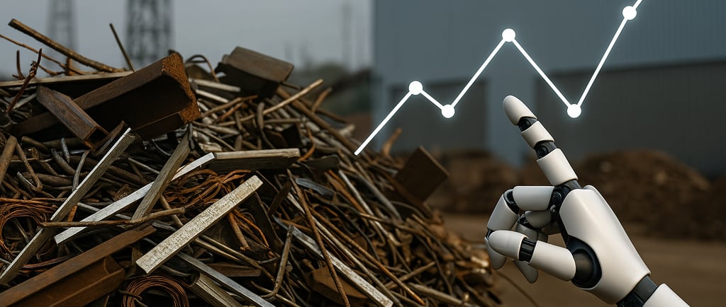 A heap of scrap metal with a robotic hand reaching towards a glowing financial graph, symbolizing AI