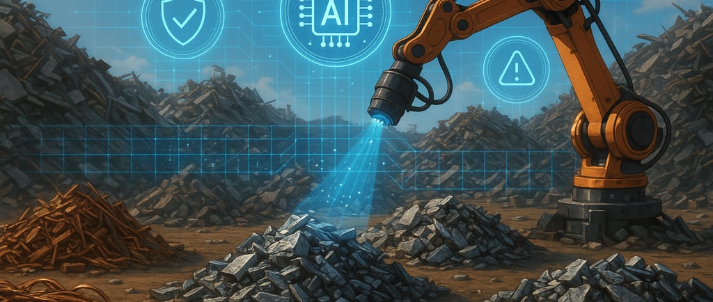 Robotic arm scans scrap metal piles with holographic AI overlays.