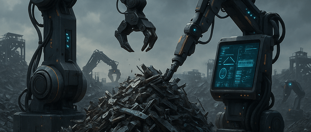 AI robots sorting scrap metal in a futuristic scrapyard.