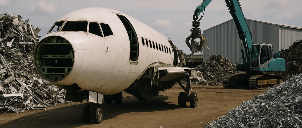 Electric aircraft being dismantled in a metal scrapyard.