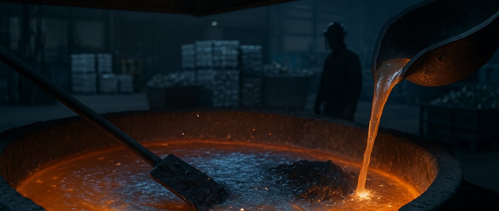Molten aluminum with a thin salt flux layer while dross is skimmed in a remelt furnace.
