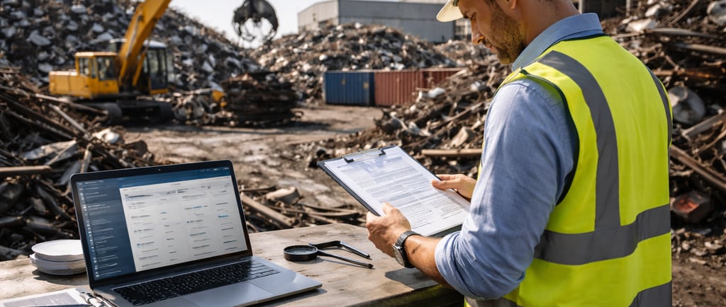 Scrap buyer reviewing AML and KYC documents at an active scrap yard with metal piles
