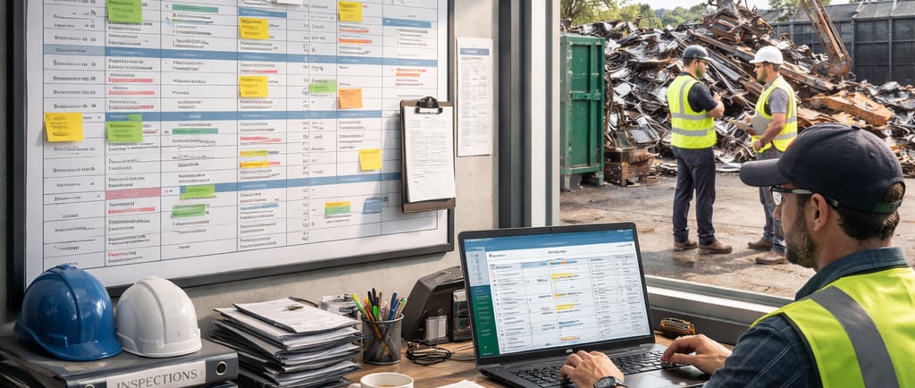 Compliance manager reviewing a recycling yard compliance calendar with scrap operations visible out