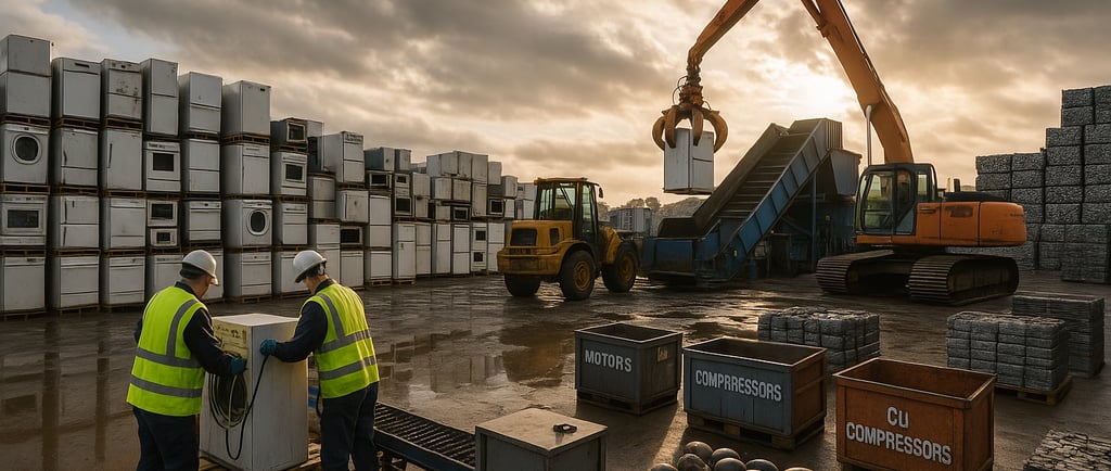 Scrap yard recycling old appliances with workers and machinery at sunset.