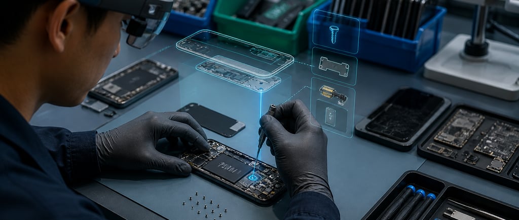 Technician using AR smart glasses to disassemble a smartphone at an electronics recycling workbench.