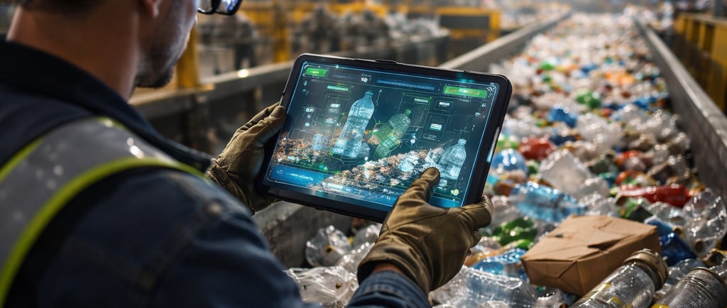 view of an industrial worker using AR on a tablet to identify and sort recyclable materials