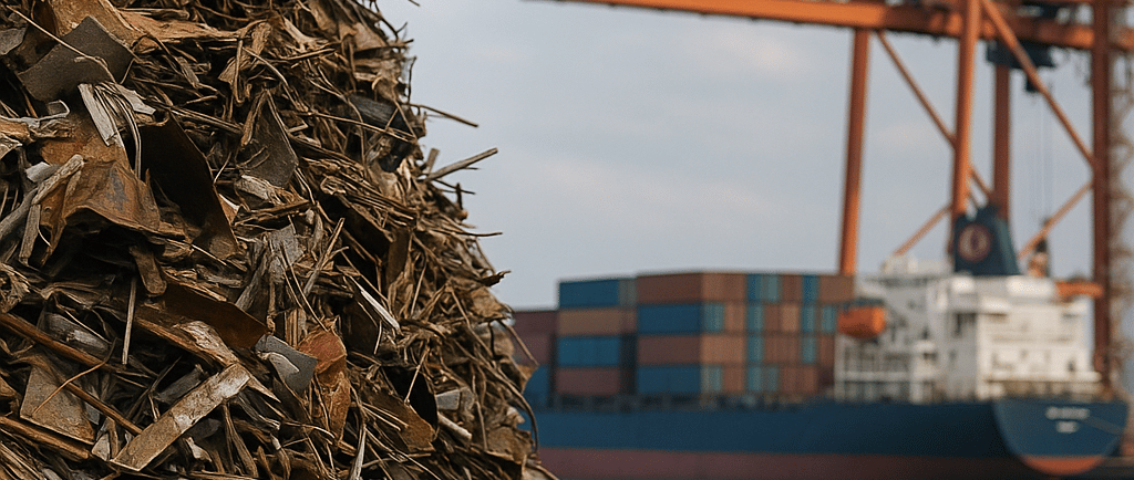 Scrap metal pile with cargo ship and cranes in the background.
