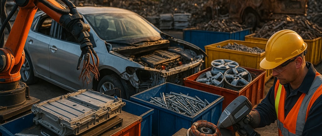 auto dismantling yard with robotic arm, EV parts, and worker analyzing motor at sunset.