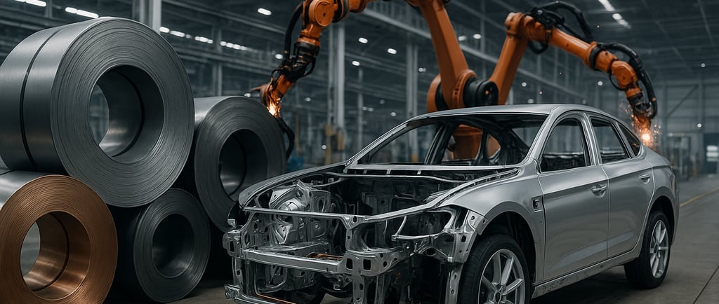 Silver car frame with metal coils and robotic arms in an automotive factory.