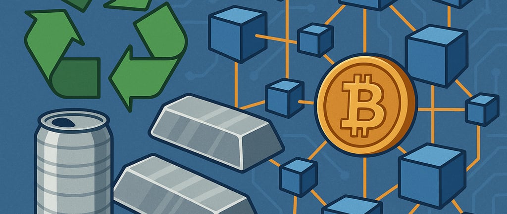 blockchain-linked metals recycling network with ingots and digital nodes.