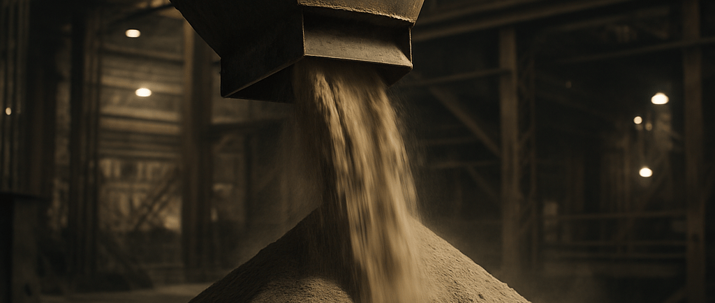 baghouse fines pouring from a steel hopper onto a dust pile in an industrial plant