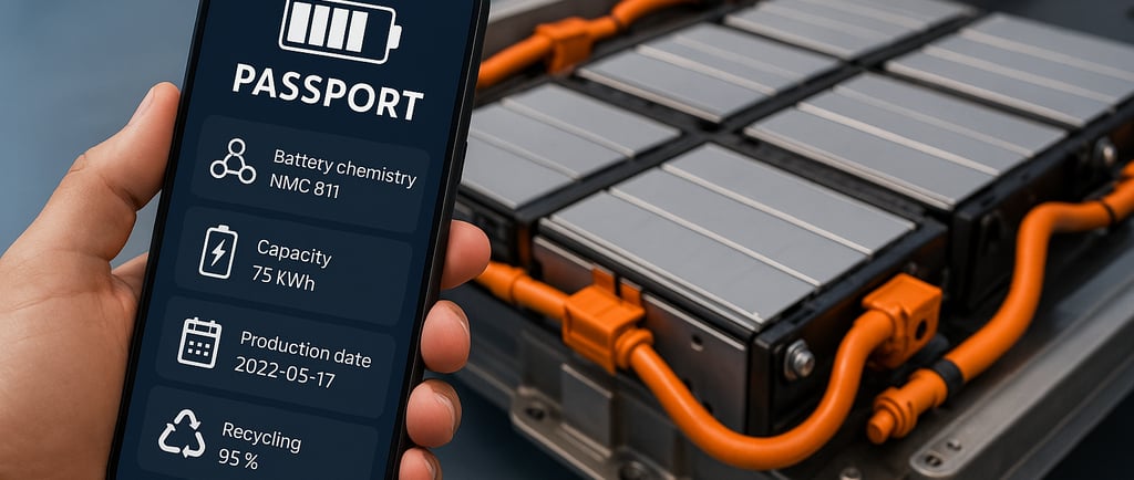 EV battery beside phone displaying its digital passport.