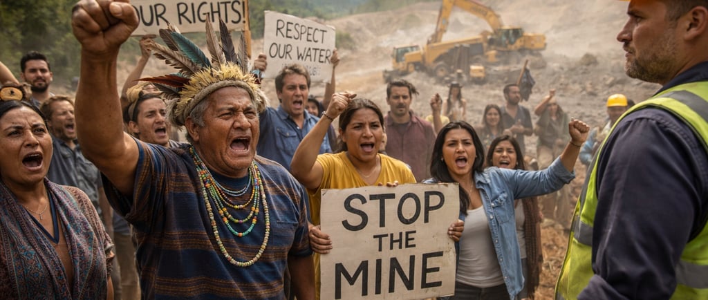 Community members confronting a mining site with raised voices and gestures