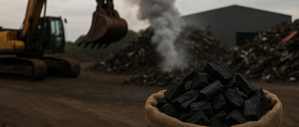 Sack of black biochar in a smoky scrap yard with excavator and metal piles.