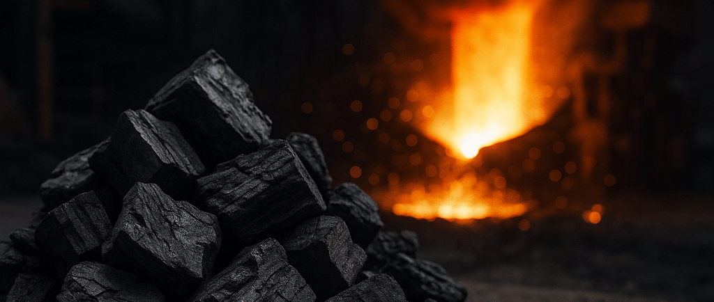 Biochar piled in front of a glowing molten metal furnace.