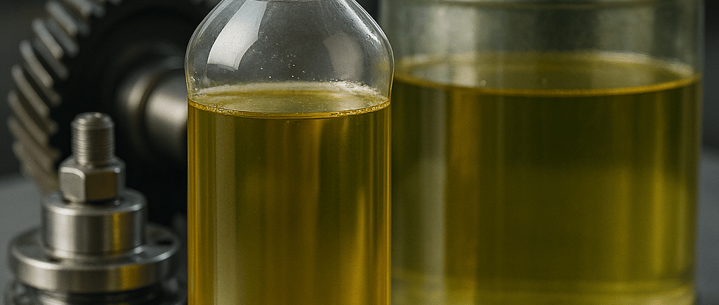Biodegradable lubricant bottles with gears in the background.