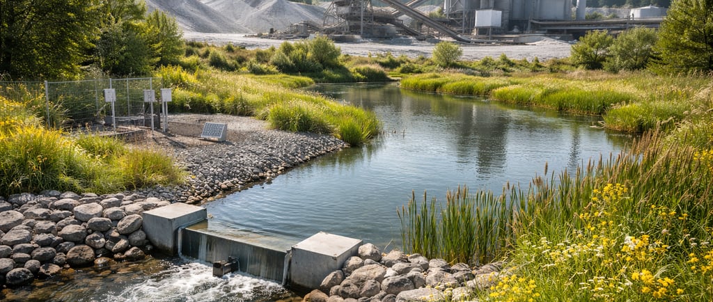 Industrial site with engineered stormwater basin and vegetated buffers integrated into operations.