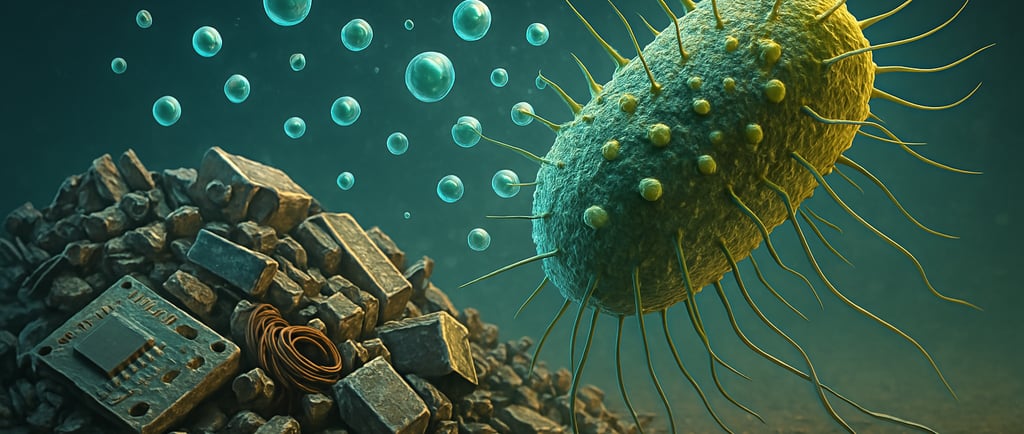 A high-resolution digital illustration of a bacterium interacting with electronic waste, absorbing g