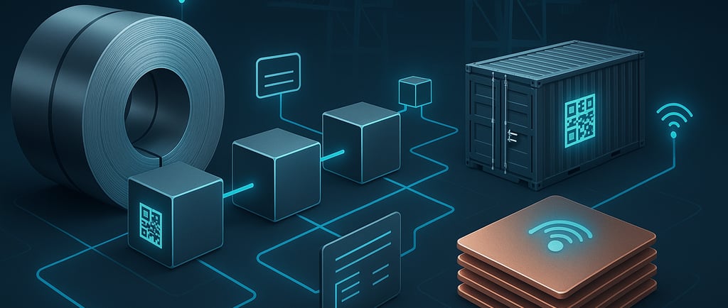 blockchain based metal supply chain with steel coil, copper stack and connected container