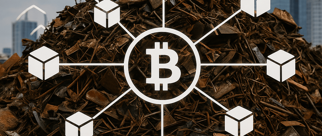 Scrap metal pile with a blockchain network symbol overlay against a city skyline.