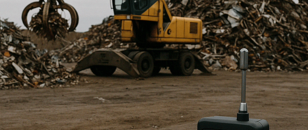Scrap yard with a yellow material handler lifting metal, carbon emissions monitor in foreground.