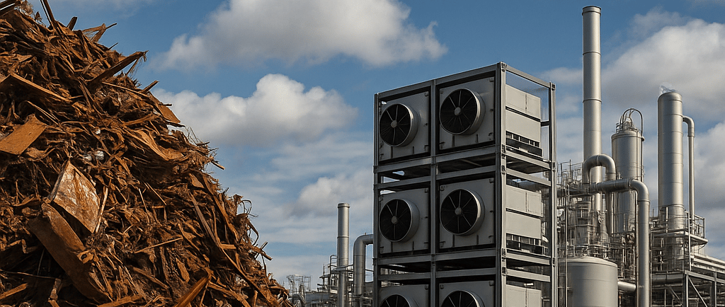 Industrial carbon capture facility beside a large pile of rusted scrap metal under a cloudy sky