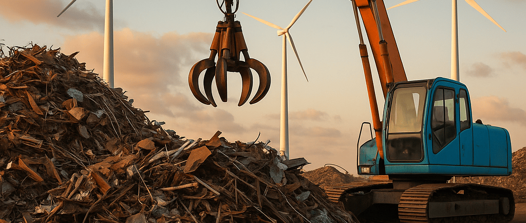 Scrapyard with metal piles, blue excavator, and wind turbines at sunset.