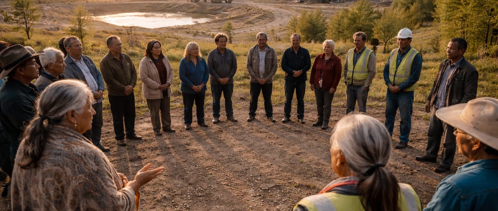 Community members and workers gathered in a circle overlooking a restored industrial site at sunset