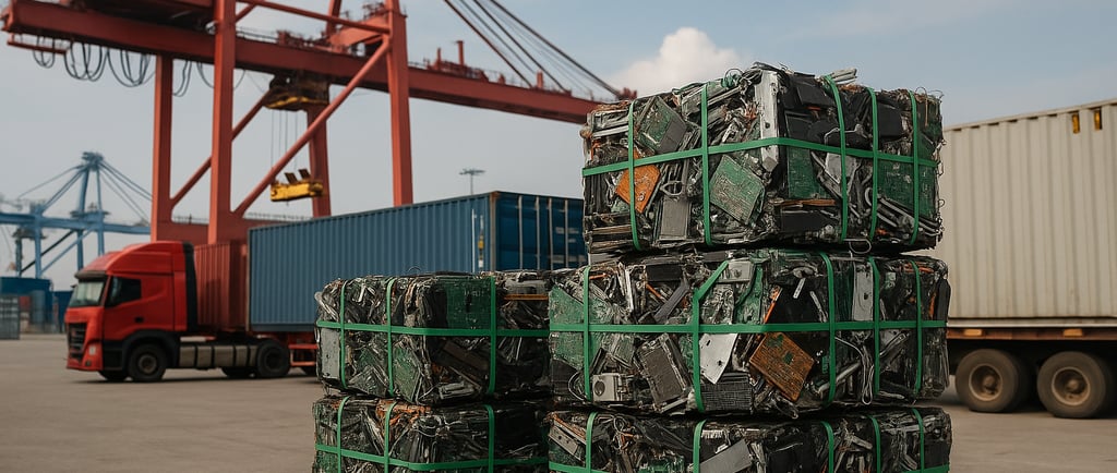 Compressed electronic waste stacks at a shipping port with cranes, containers, and a truck at back